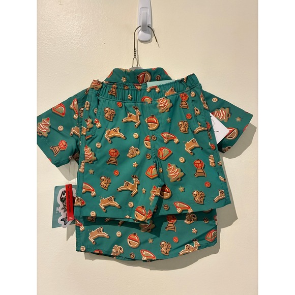 Magellan Outdoors Boys Holiday Cookies Fishing Shirt Shorts Set Green 2T NEW - Picture 3 of 7